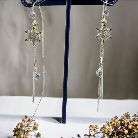 Dainty CZ Snowflake Earrings Gold Thread Dangle Holiday Wedding Formal Jewelry - Picture 2 of 8
